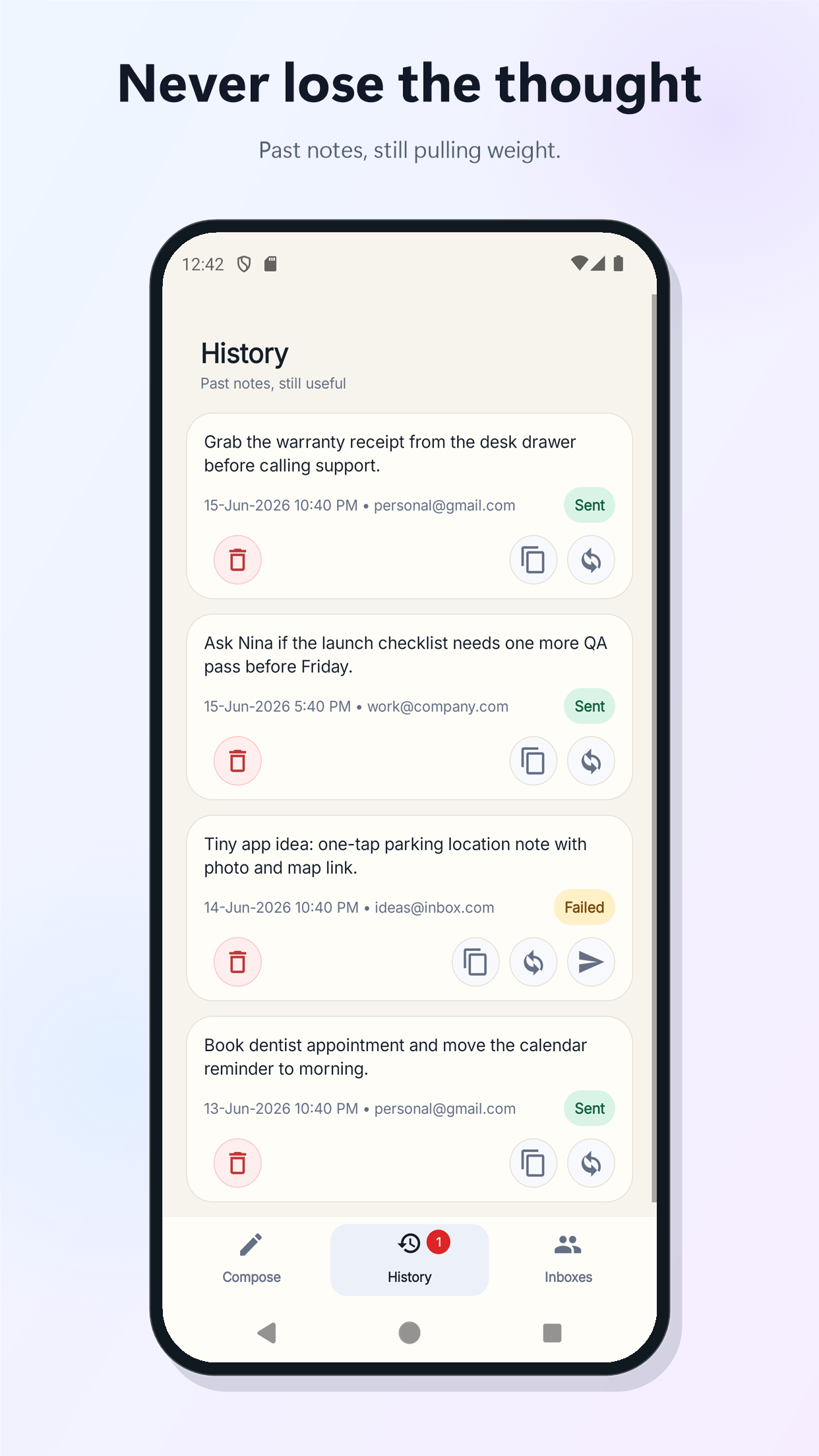 Mail Notes quick capture screen