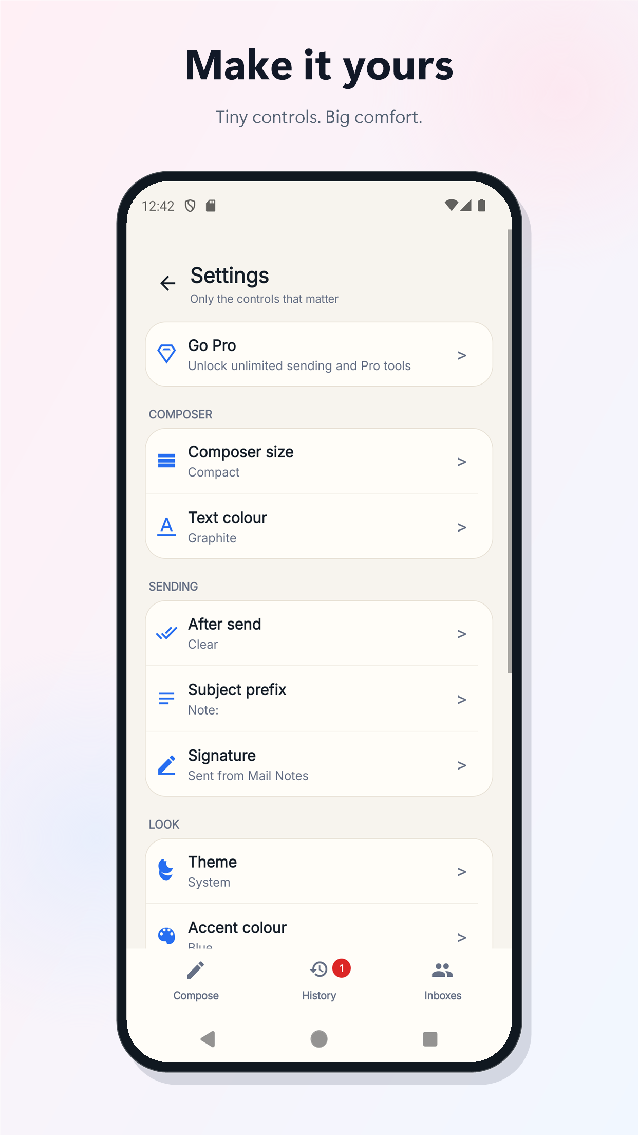 Mail Notes customization screen